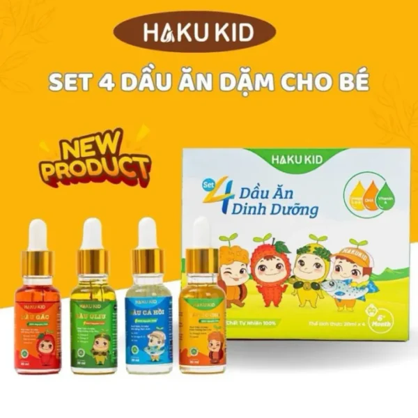 Set 4 Dầu Ăn Dinh Dưỡng Hakukid Hạt Óc Chó, Gấc, Olive, Cá Hồi