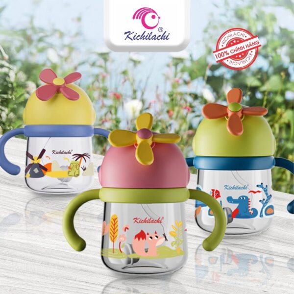 Bình tập uống nước nhựa Tritan Kichilachi Kichi chong chóng 300ml chống sặc cho bé từ 6 tháng trở lên