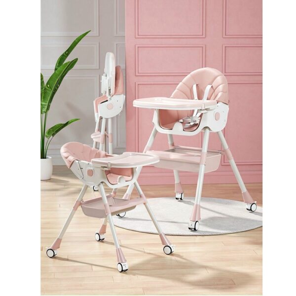 Ghế Ăn Dặm UMOO 05145 Gấp Gọn Ngã Lưng Có Bánh Xe ( màu hồng )