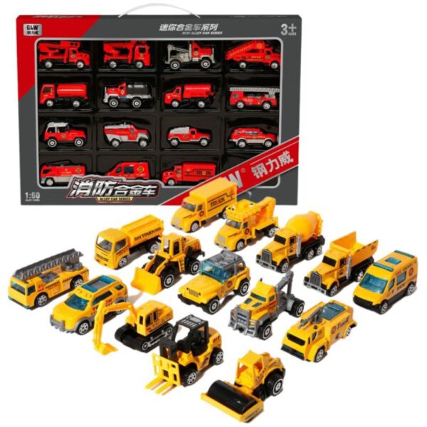 Hộp 15 xe hợp kim mini chạy đà, xe công trình, xe cứu hoả, xe quân đội, xe cảnh sát .