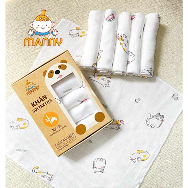 Hộp 5 Khăn Sữa Sợi Tre 2 Lớp MANNY Cao Cấp, Mềm Mịn Và Thấm Hút, An Toàn Cho Làn Da Bé KT 30x30cm