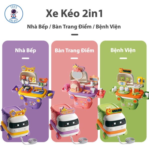 Đồ Chơi Xe Kéo 2in1 Biến Hình Bếp Nấu Ăn Bàn Trang Điểm Bệnh Viện Kiểu Dáng Dễ Thương Nhiều Phụ Kiện