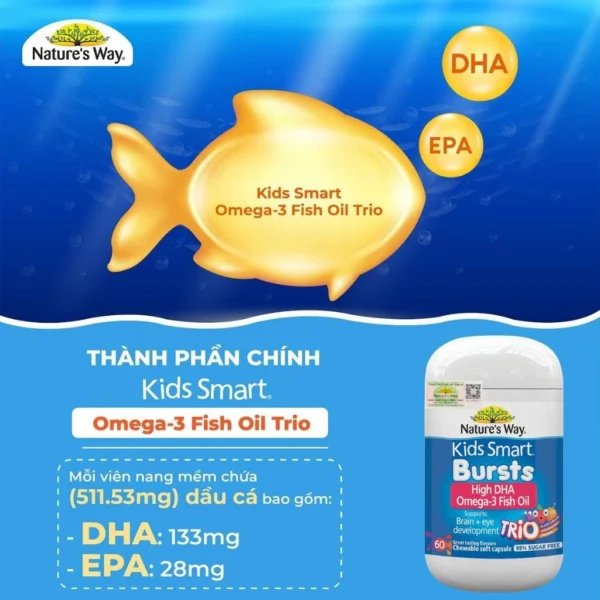 Nature’S Way Kids Smart Bursts High DHA Omega-3 Fish Oil Trio – Bổ sung Omega 3 cho bé – 60 viên