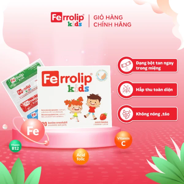 Sắt Sinh Học FERROLIP KIDS Bổ Sung Sắt Dạng Liposome Vitamin Dễ Hấp Thu Không Tanh Vị Dâu Hộp 20 Gói