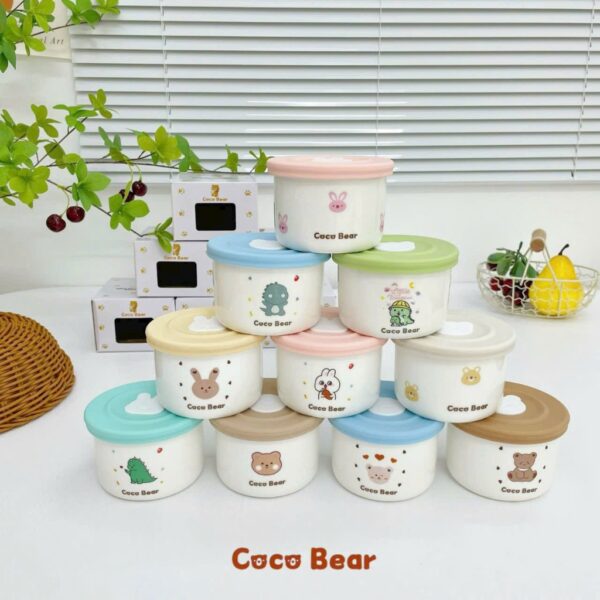 Hũ Sứ Chia Vạch Cocobear Nấu Đồ Ăn Dặm, Trữ Đông Thức Ăn Cho Bé ( Bát Sứ, Thố Sứ ) Kèm Nắp Đậy