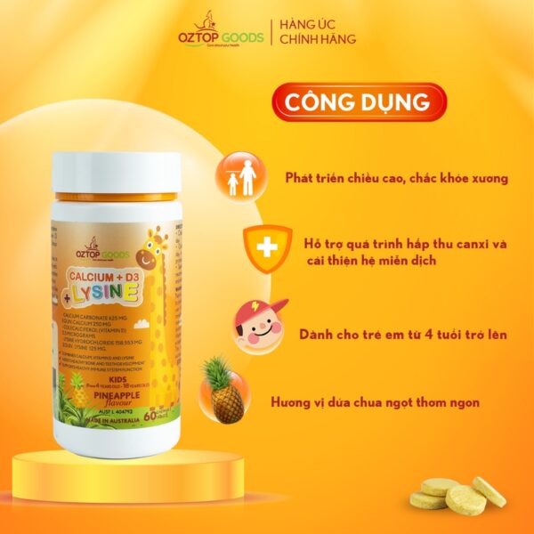 Kẹo Tăng Chiều Cao Trẻ Em CALCIUM + D3 + LYSINE, Hỗ Trợ Phát Triển Chiều Cao, Xương Chắc Khỏe, Hộp 60 Viên