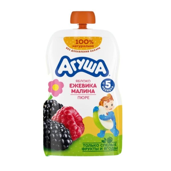 Trái cây nghiền vị táo, mâm xôi đen và mâm xôi đỏ Agusha 90g dành cho bé từ 6 tháng trở lên