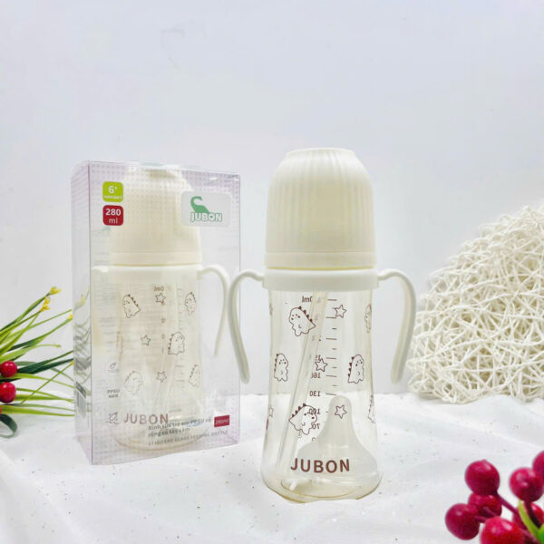 Bình sữa PPSU Jubon có ống hút và tay cầm đa năng in họa tiết 280ml
